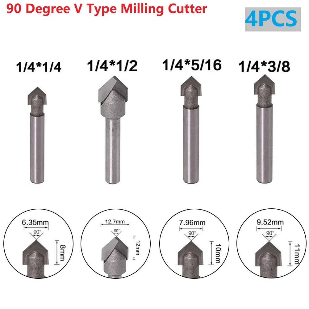 4Pcs/set 1/4 Inch Shank 90 Degree V Groove Router Bits Set CNC Engraving Drill Bits For 3D Engraving And Chamfer