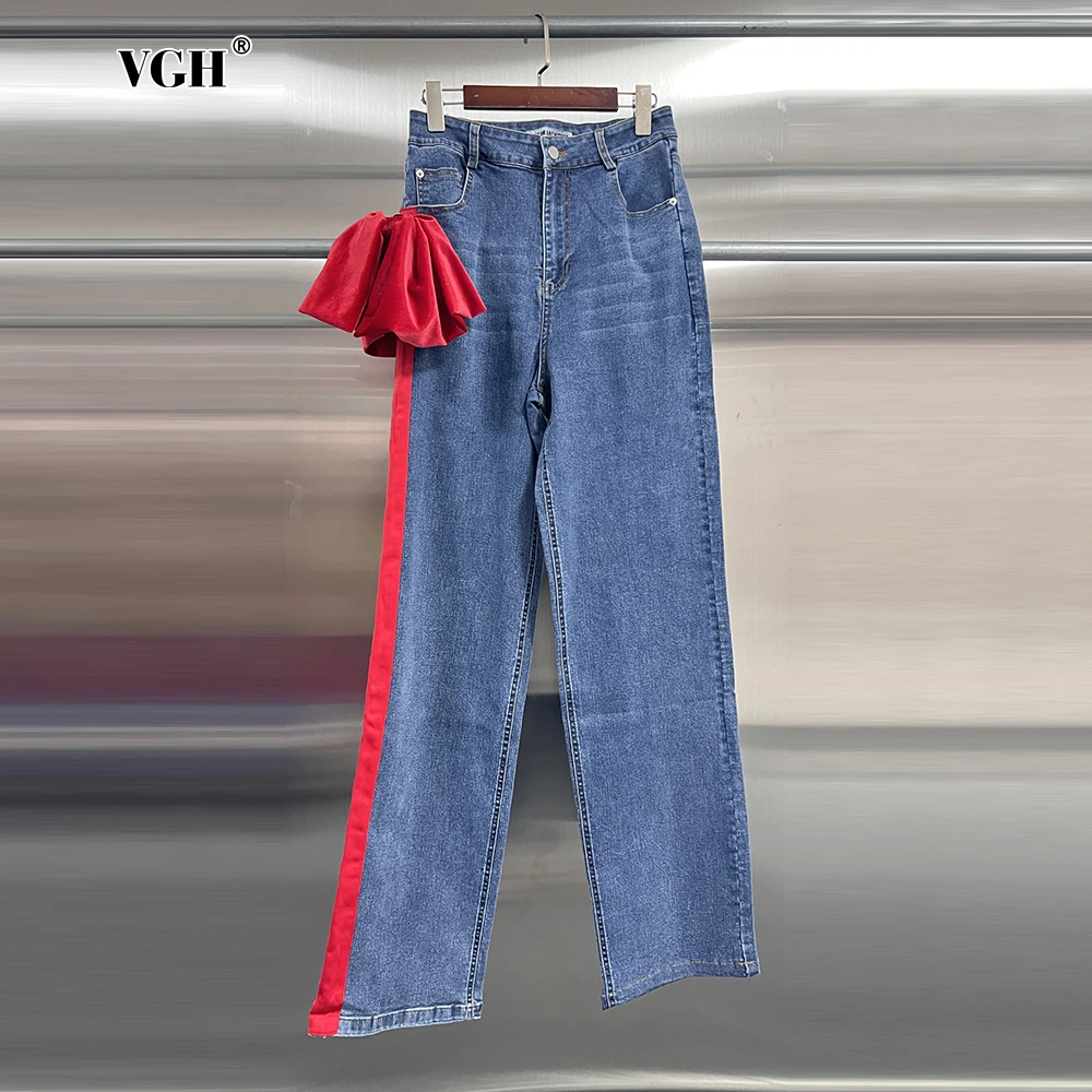 

VGH French Retro Patchwork Bowknot Jean for Women High Waist Slimming Floor Length Straight Trousers Female Spring Fashion New