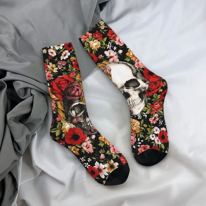 Novelty Printing Bloom Floral Skull With Roses Daisies Socks for Women Men Stretch Summer Autumn Winter Sugar Skull Crew Socks