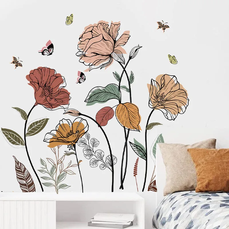 1 Set Bohemian Flower Wall Stickers, Wild Flowers, Grasses, Fruits and Leaves, Stick-on Wall Art Decals, For Living Room, Be