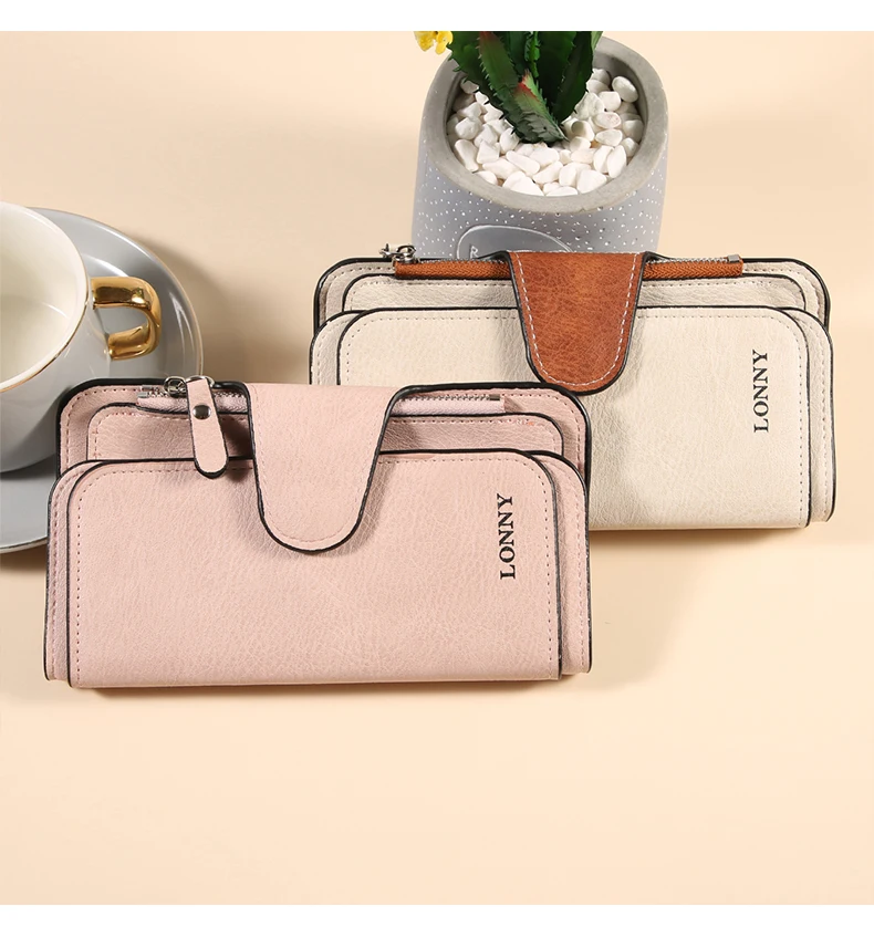 Damen-Geldbörse, dreifach gefaltet, lang, aus Wildlederimitat (PU), mit Druckknopfverschluss und Reißverschluss, viele Kartenfächer, großes Fassungsvermögen, Damen-Clutch-Geldbörse. – Detail 12