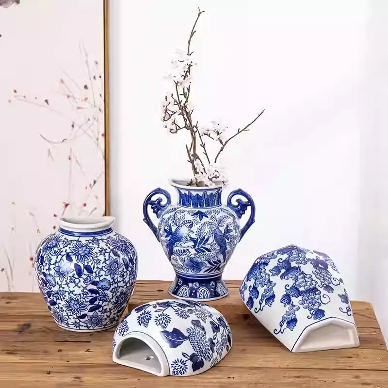 Ręcznie haftowany wazon ścienny w stylu chińskim, ceramiczny półfigurka, dekoracyjne akcesoria wiszące