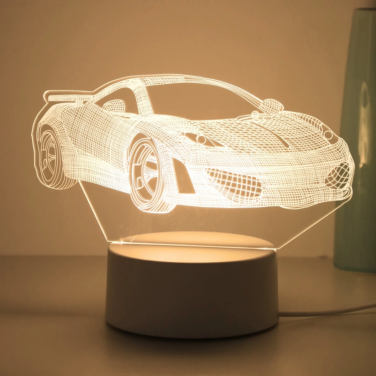 Cool 3D sports car night light, USB warm color light, home office study bedroom desktop decoration atmosphere light, gift light