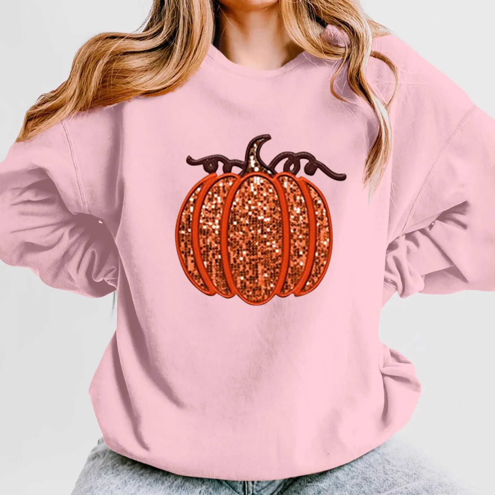 

Ladies Halloween Hoodie Pumpkin Printed Round Neck Long Sleeve Simple Hoodie Solid Color Fashion Comfortable Warm Casual Hoodie