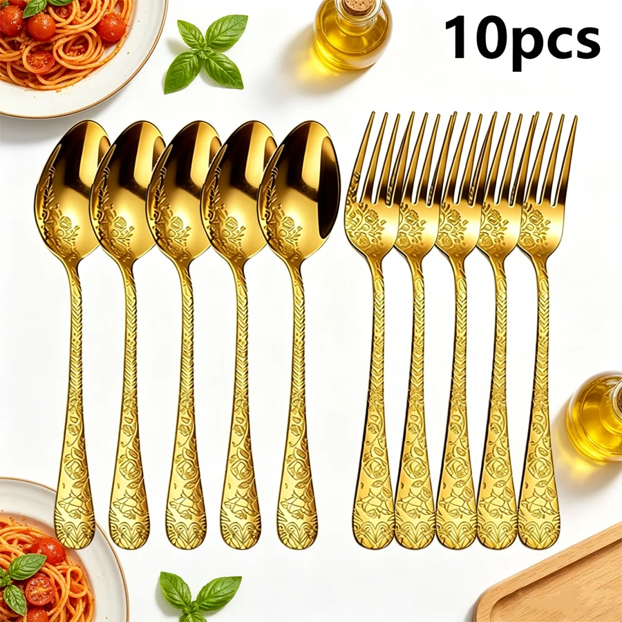 10pcs Stainless Steel Retro Floral Fork and Spoon Set. The fork and spoon combination is perfect for everyday use and suitable f
