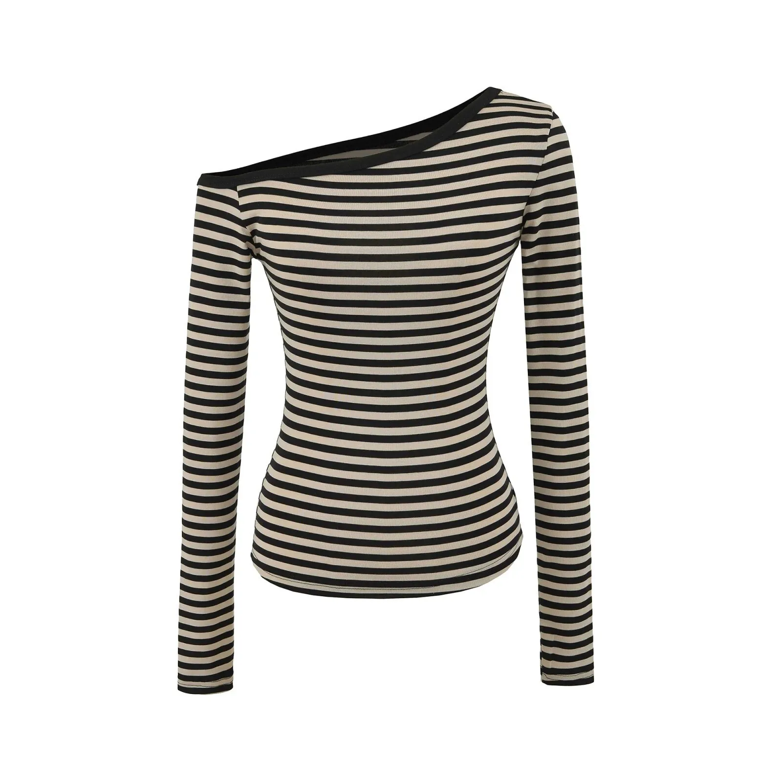 خارج الكتف مخطط كم طويل تي شيرت للنساء المألوف الرقبة خارج الكتف رغبة نقية فتاة ساخنة قاعدة فريدة QSW6 #2