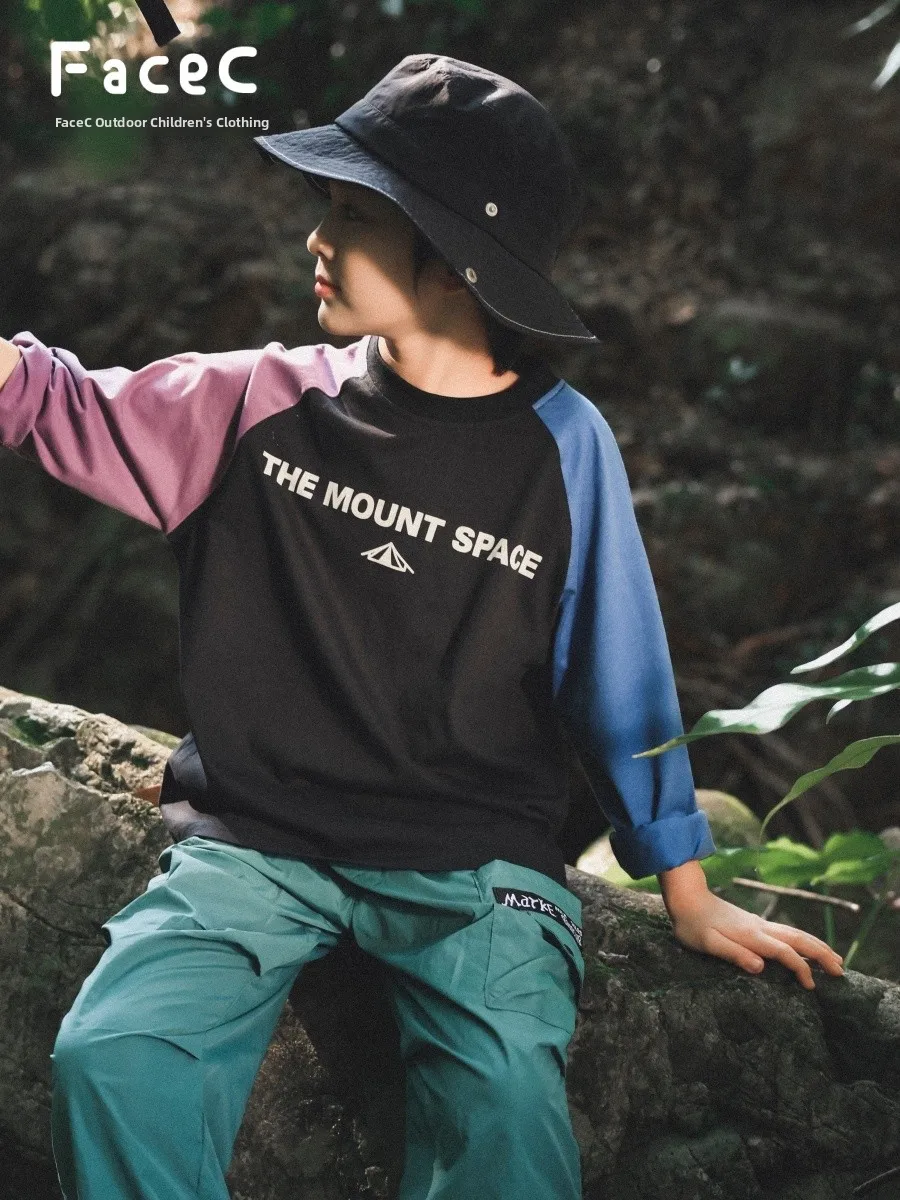 Facec Boys Long Sleeve T-Shirt Pure Cotton Outdoor Camping Shoulder Insert Design Spring Autumn New Style Children's Upper Ap...