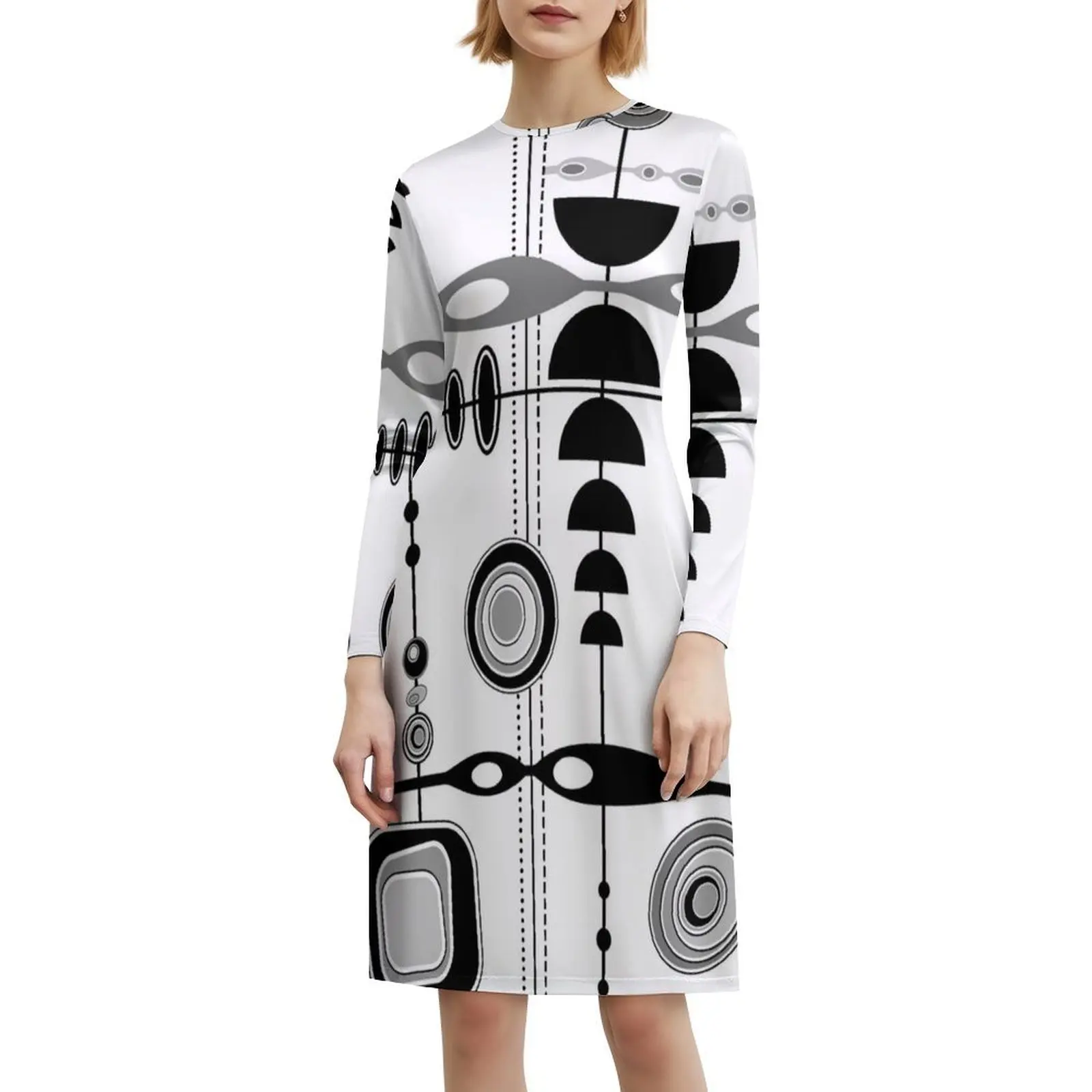 منتصف القرن الحديثة طباعة أسود أبيض رمادي المرأة الشارع الشهير فستان الحفلات العصرية طباعة نادي الملابس للإناث خمر مستوحاة #6