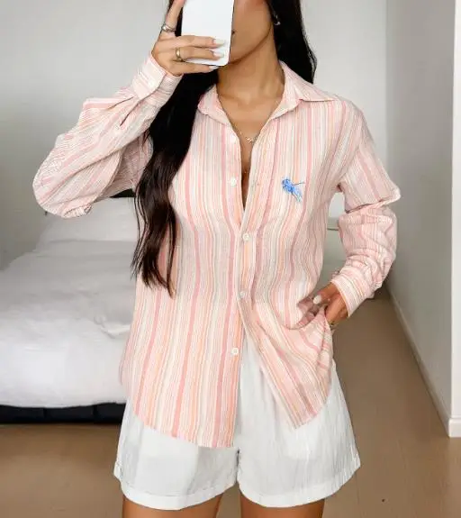 

Y2K Spicy Girl Long Sleeved Button Up Shirt Autumn Women's Elegant Colorful Striped Printed Lapel Long Sleeved Shirt