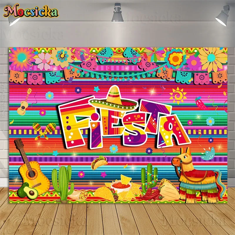 

Mocsicka Mexican Fiesta Birthday Party Backdrop Decoration Props Floral Color Stripes Banner Photography Background Photo Studio