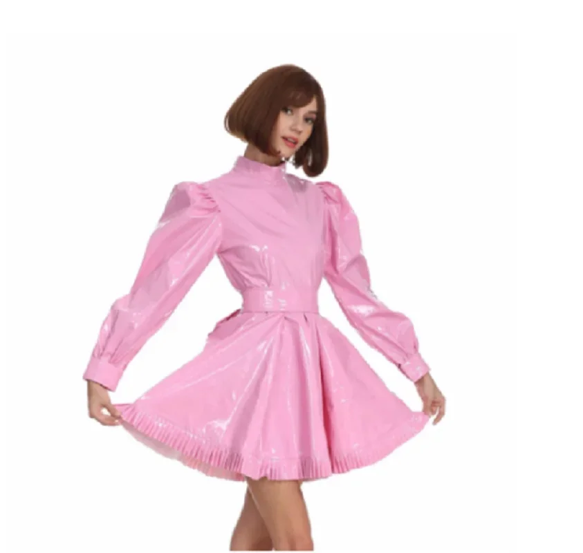 

French sexy girl high neck long sleeved lockable sissy pink PVC cute dress drag Cosplay costume Customized charm