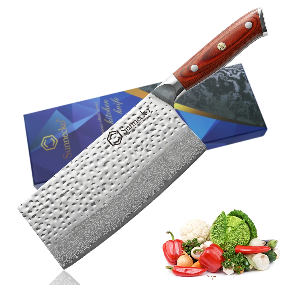 Sunnecko Cleaver Chef's Knives Ultra Sharp High Carbon Damascus Steel Meat Cutting Knife Kitchen Design Knife Pakkawood Handle