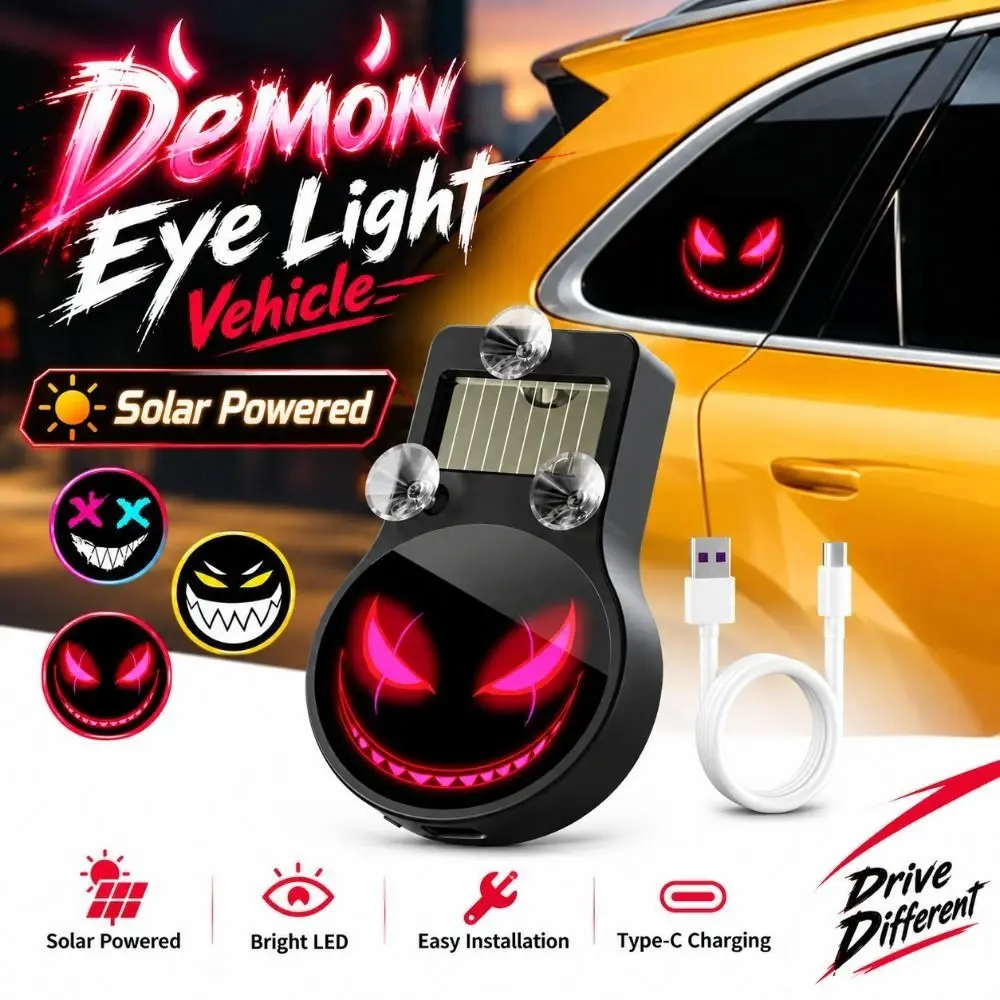 Solar Powered Demon Eye Light Vehicle Suction Cup Mount Type-C Rechargeable 3D Dynamic Car Light Animated Light Pattern