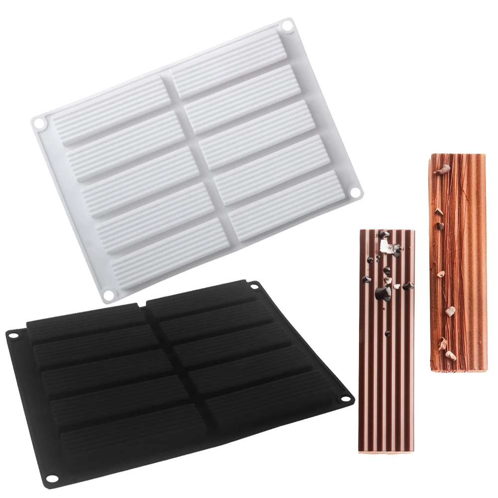 Molde de Mousse de rayas verticales rectangulares de 10 cavidades para oblea, galleta, postres de Chocolate, molde de silicona para hornear pasteles franceses