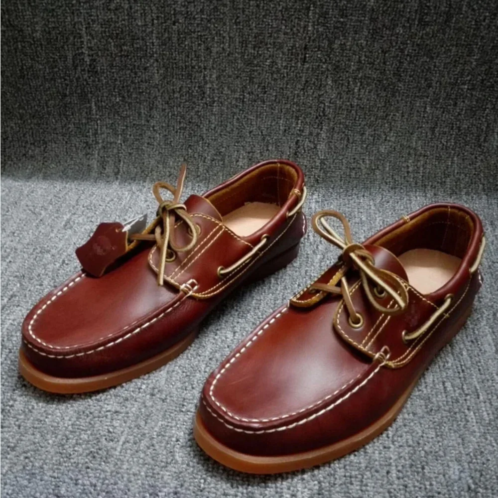 

Genuine Leather Men's loafers Retro Low-top British Work Shoes Casual Breathable Boat Shoes Driving Wine red Handmade Lace Up