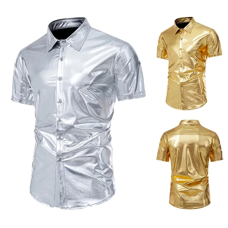 2024 Summer New Short sleeved Shirt for Men's Bright Face Nightclub Disco Fashion Shirts