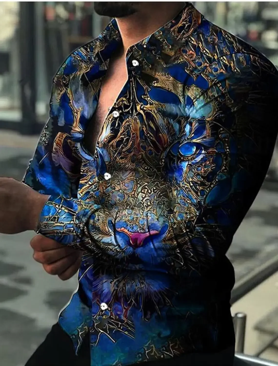 

Мужская рубашка с рисунком, рубашка с воротником тигра и 3D принтом, уличная повседневная одежда с длинными рукавами и 3D принтом на пуговицах