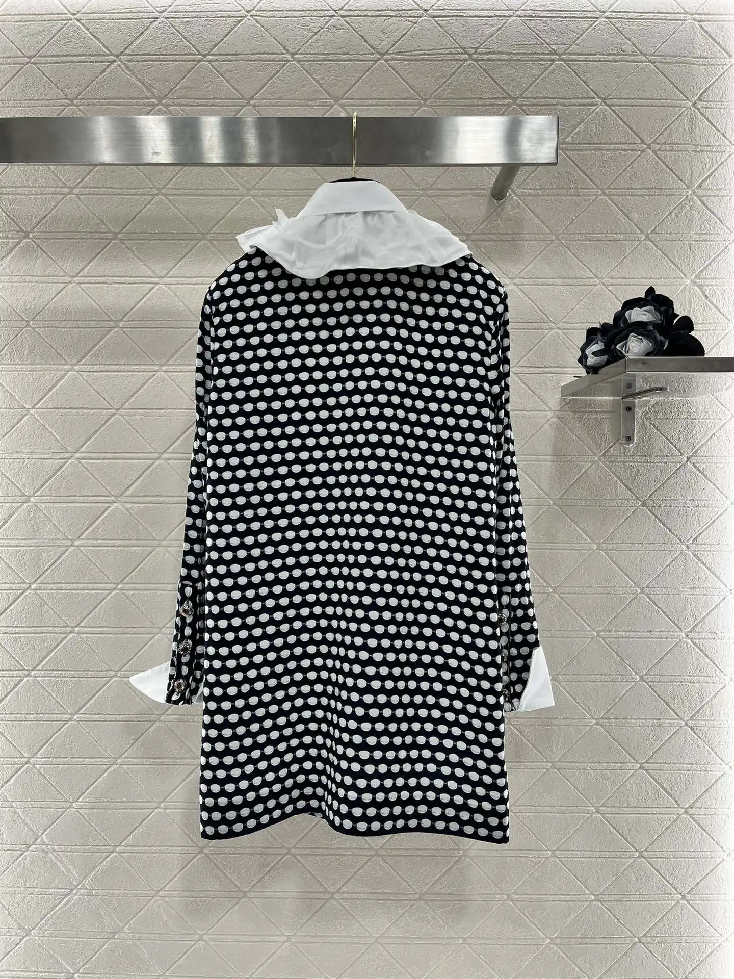 2024 Summer New High Quality Women\'s Wear Retro white gauze flower bud collar black polka dot dress 0621