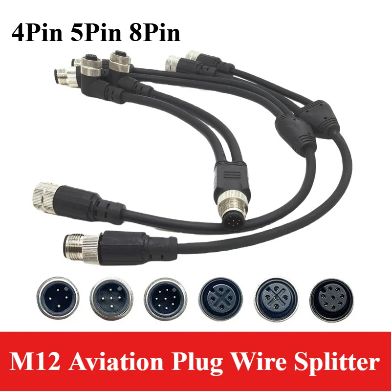 M12 4 5 8 Pin Aviation Plug Wire Splitter Y-shaped Connector Cable IP67 1 to 2 Male to Female Sensor Waterproof Connection Line