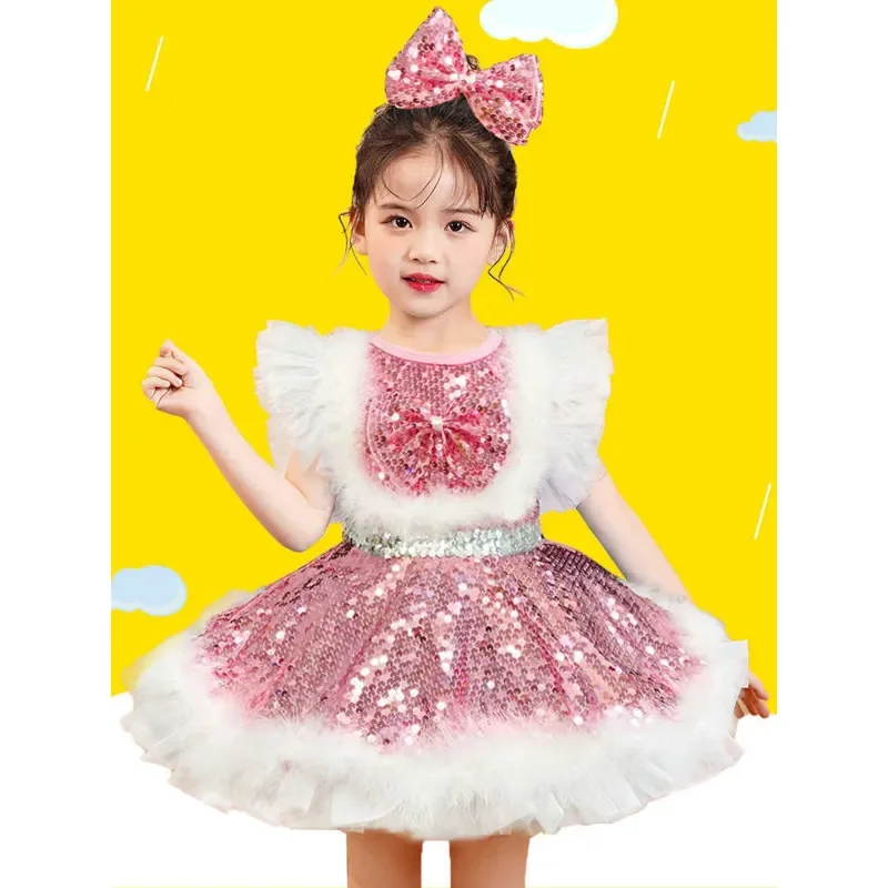 

Sequin performance attire children's fluffy gauze princess girl's small host dress kindergarten dance costume