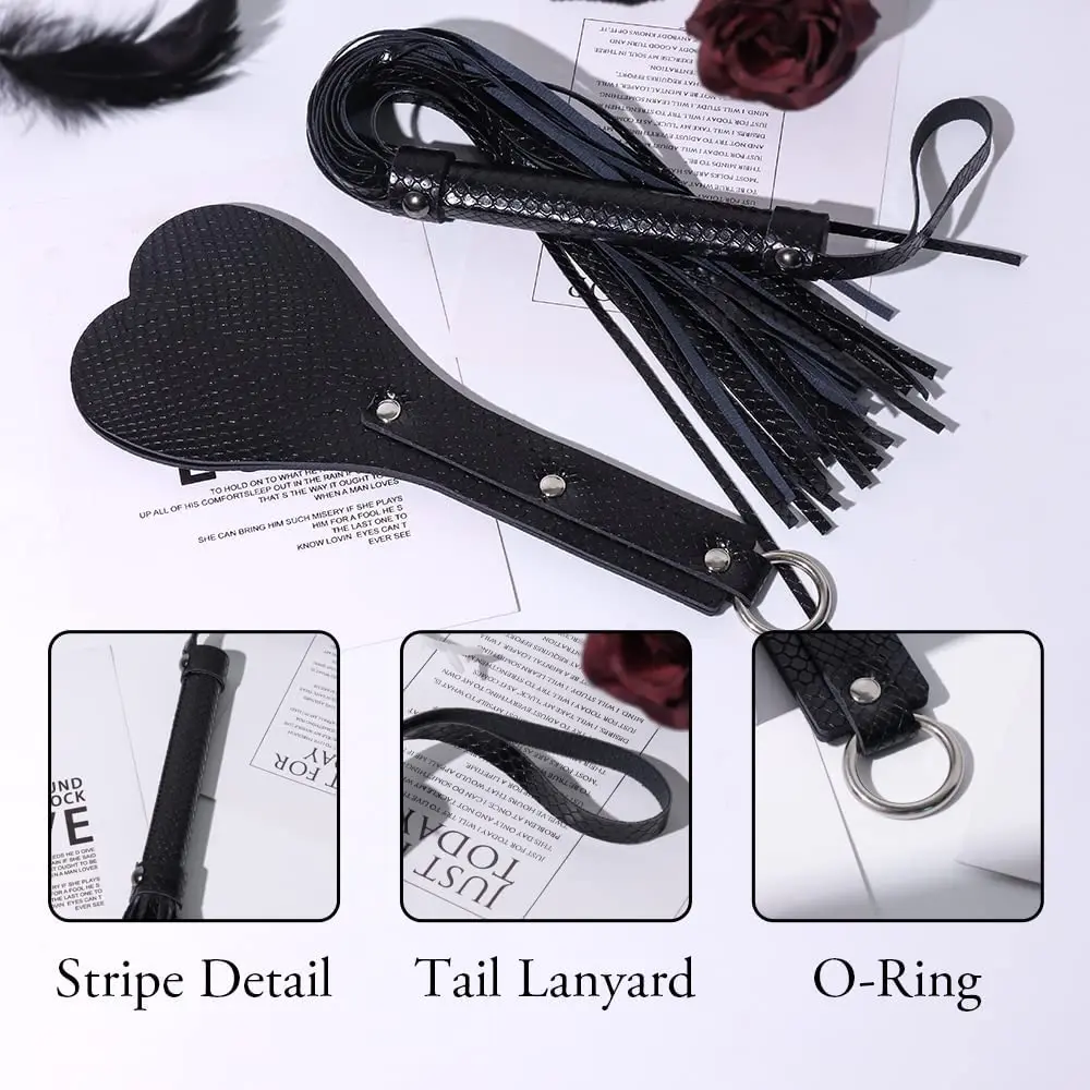 BDSM-Kit de bondage de flirt sexuel pour femmes et couples, motif rock, cuir PU, en forme de cœur, fouet à pampilles, passion, 2 pièces