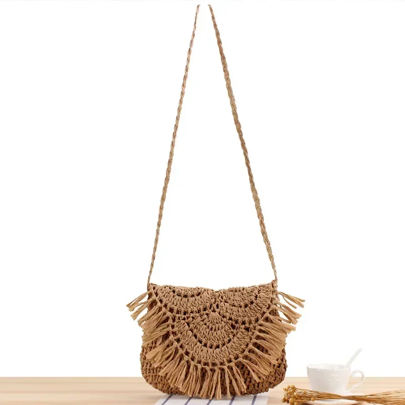 Bolsos de paja de verano para mujer, bolsos de playa hechos a mano con borlas, bolsos de mano tejidos de rafia y ratán 2024, bolsos cruzados de hombro para vacaciones, bolsos tipo clutch.