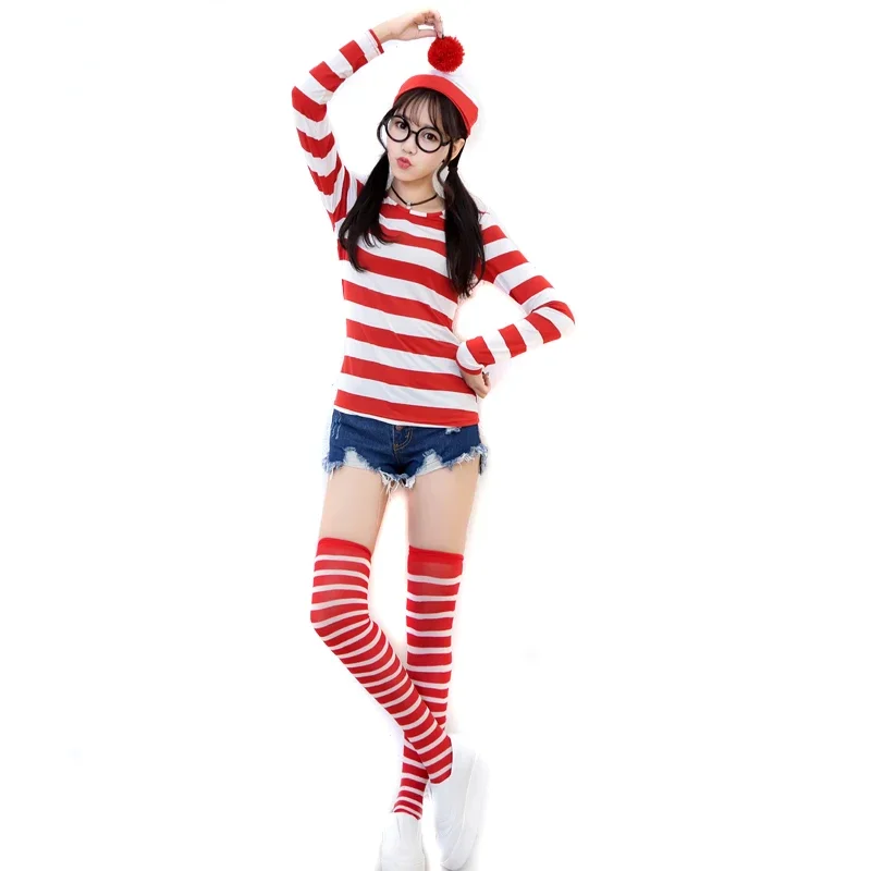 

Where's Wally Waldo Cartoon Outfit Adult Woman Red Stripe Clother