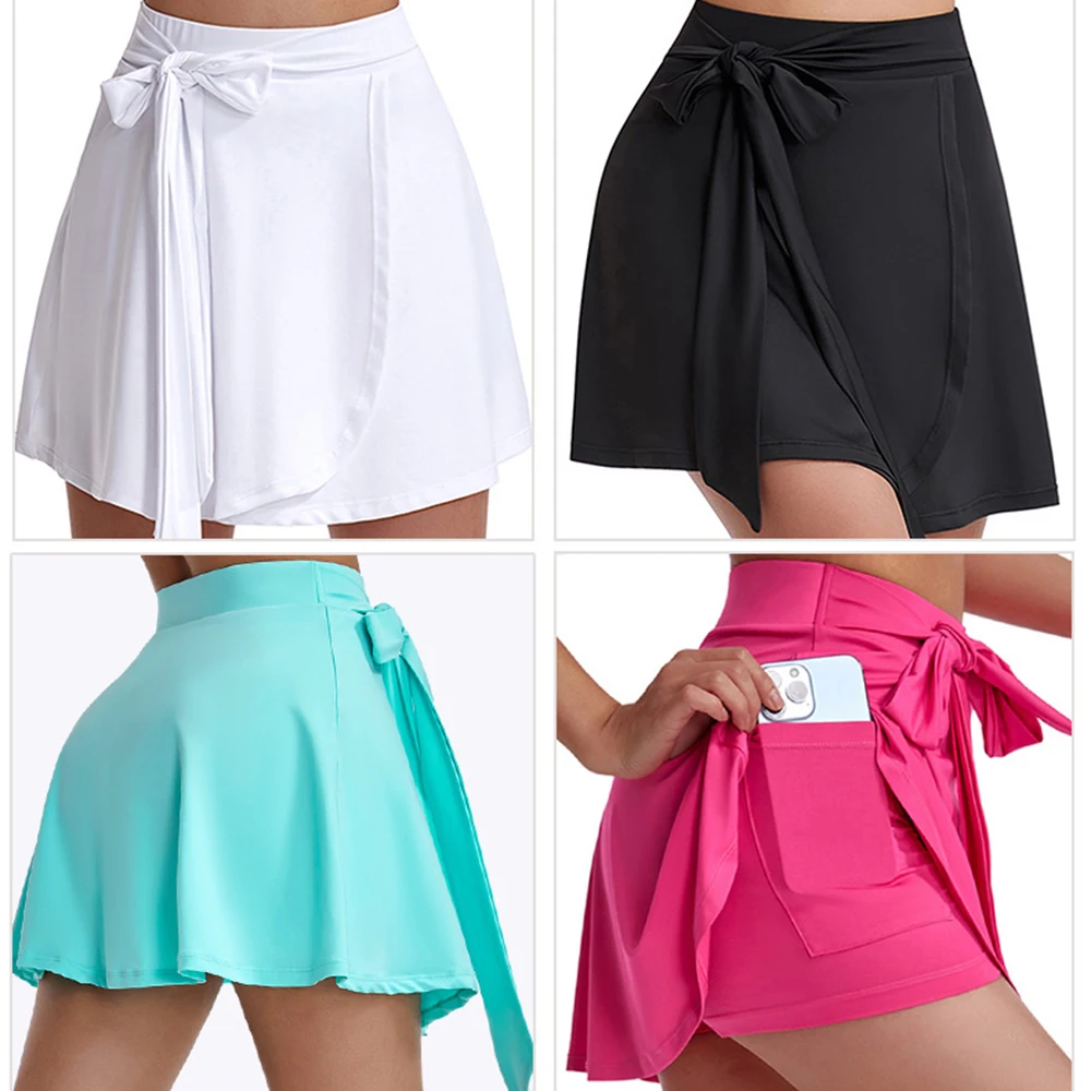 Double Layer Tennis Skirt Women\'s Golf Wear Pcket Tights Inside Pretty Bow Skort Dry Fit Running Shorts Girl Yoga Gym Sportswear