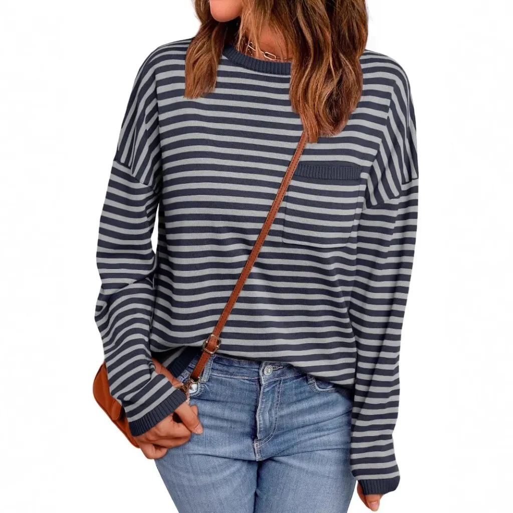 

Women's Long-Sleeved Striped Top with Pockets Casual Autumn Winter Fashion European American Style Loose Fit Top