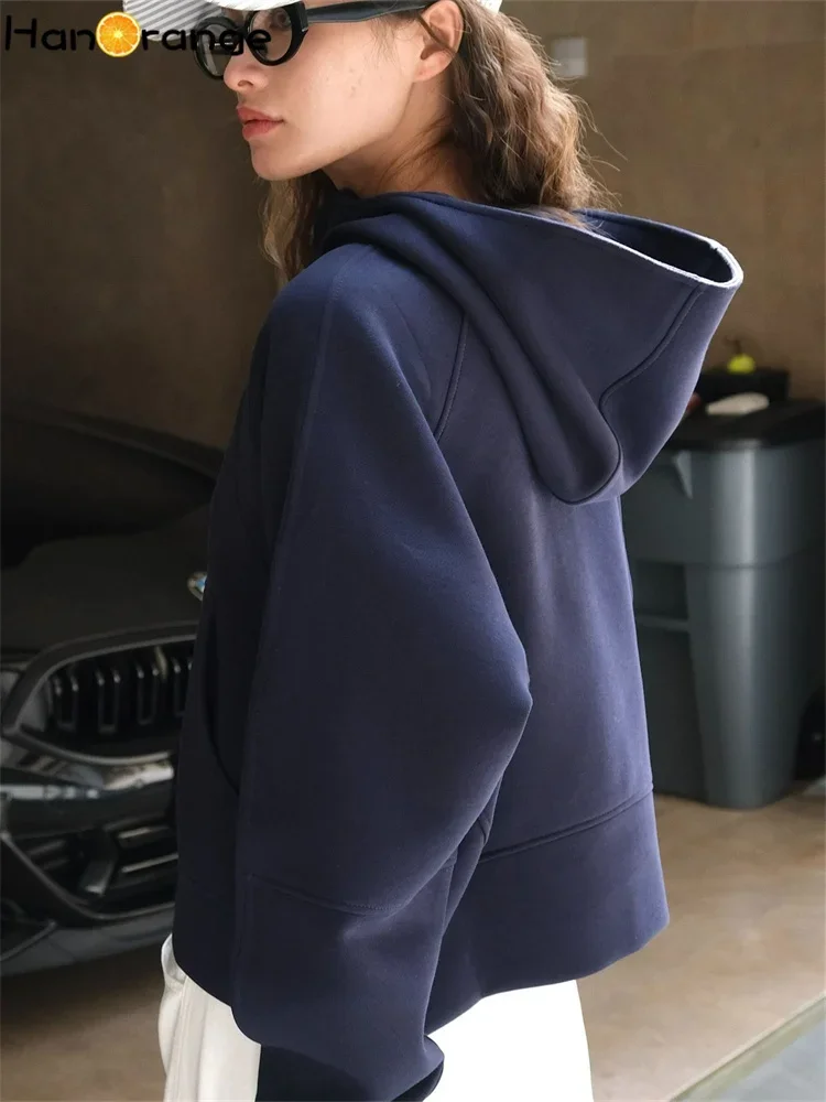 HanOrange 2024 Autumn Fashion Air Layer Half Zipper Hoodie Women Skin Friendly Comfortable Loose Hooded Pullover Grey/Navy Blue