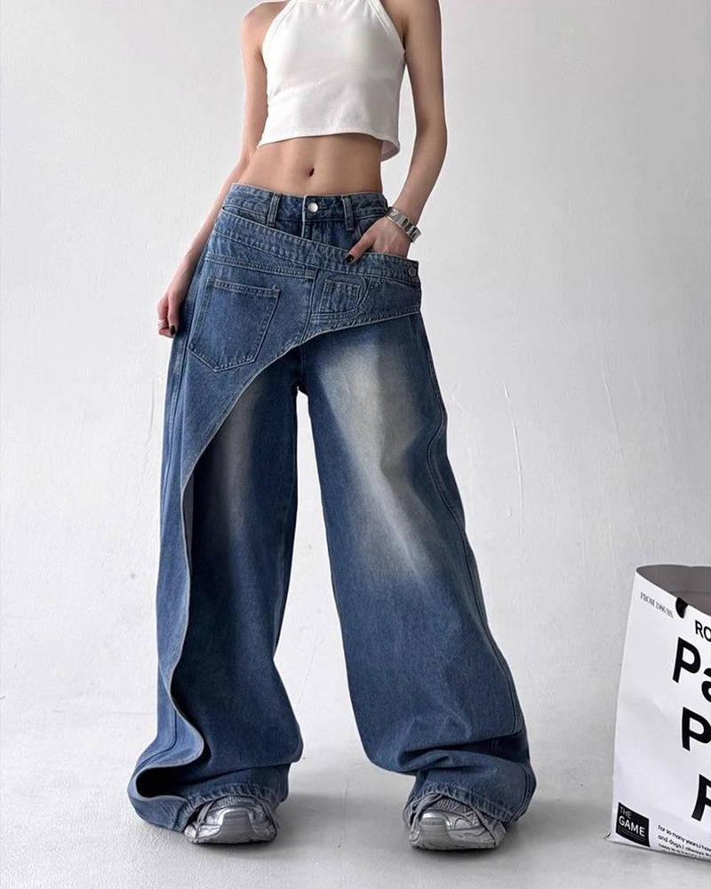 Y2K mode irrégulière Patchwork jean femmes coréen Chic Streetwear Hip Hop pantalon droit Bf taille haute décontractée Denim