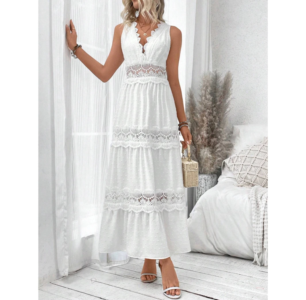 Summer Dress Women 2024 Lace Patchwork V-neck Sleeveless Dresses Fashionable and Versatile Long Skirt for Female Streetwear