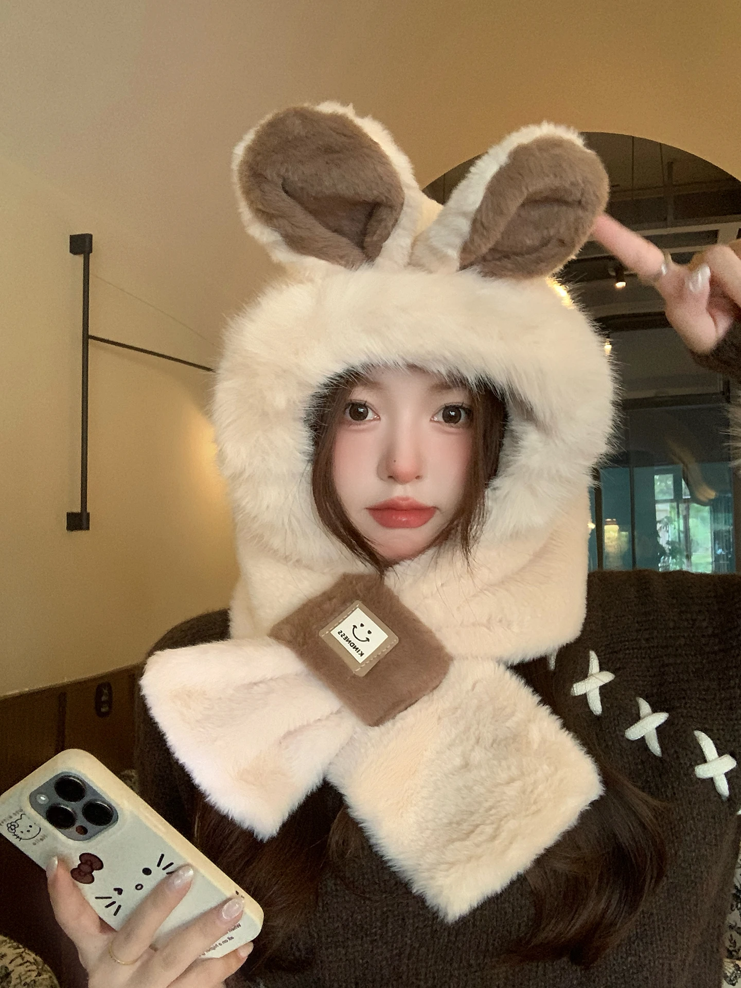 2Ni1 새로운 여성용 방풍 모자와 토끼 디자인의 따뜻한 스카프, 가을과 겨울에 적합, 목 따뜻한 모자, 깜짝 선물