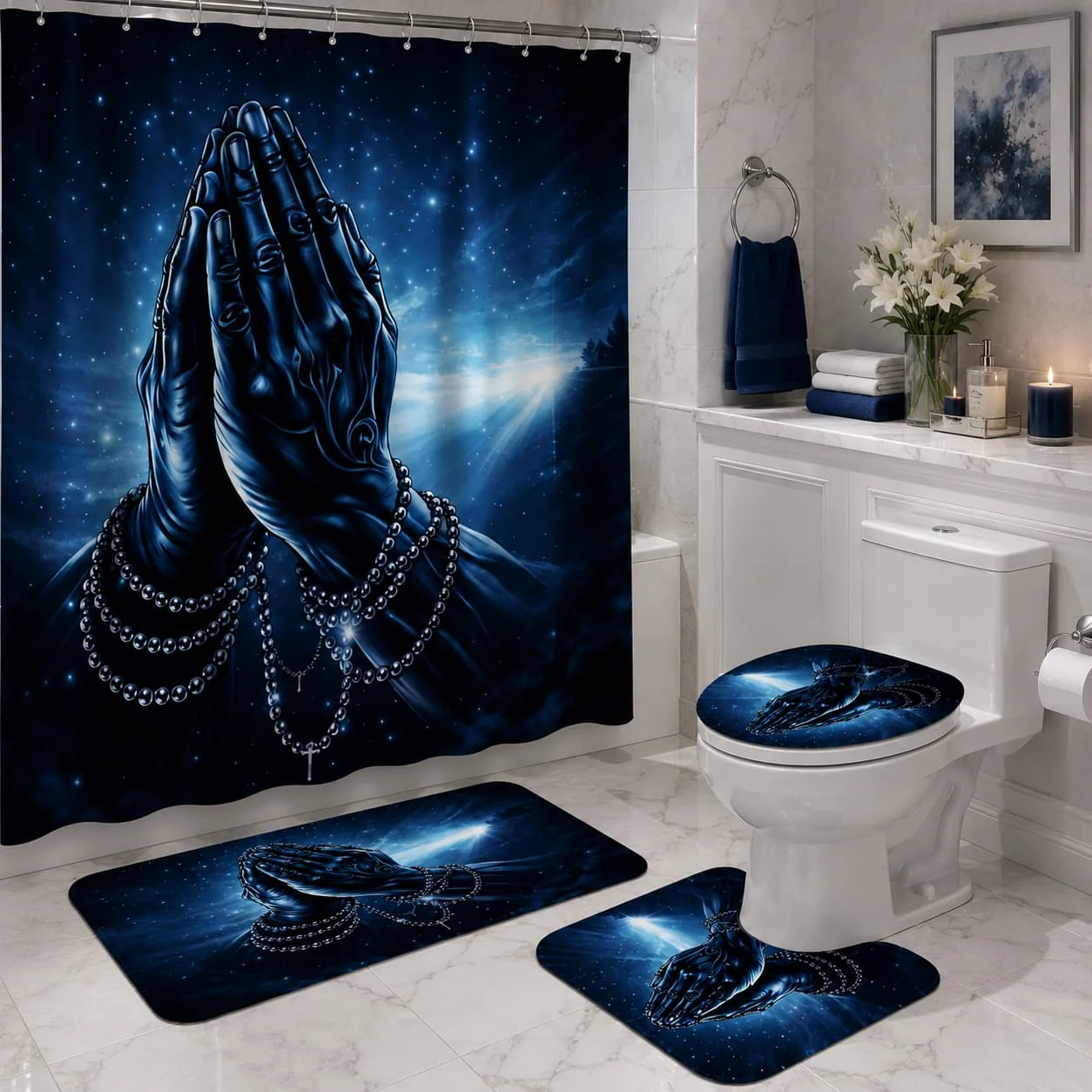 4pcs Praying Hands Shower Curtain Set • Dark Blue Hands with Pearls Bathroom Decor • Additions with U-Shaped Toilet Lid Cover • 12 Hooks 180X180Cm Curtain • Spiritual Art Home Decor Bathroom Additions