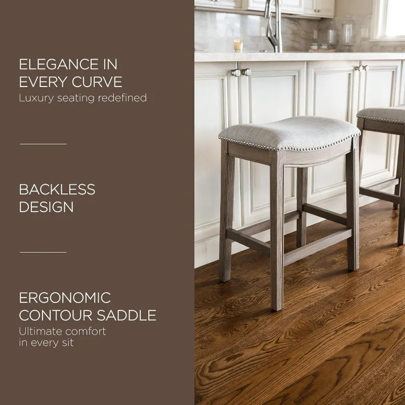 Adrien 26 Inch Counter Height Upholstered Backless Saddle Barstool in Reclaimed Oak Finish with Ash Grey Fabric Cushion Seat