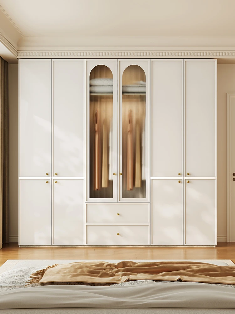 Solid wood segmented wardrobe, home bedroom, large capacity cream coat cabinet