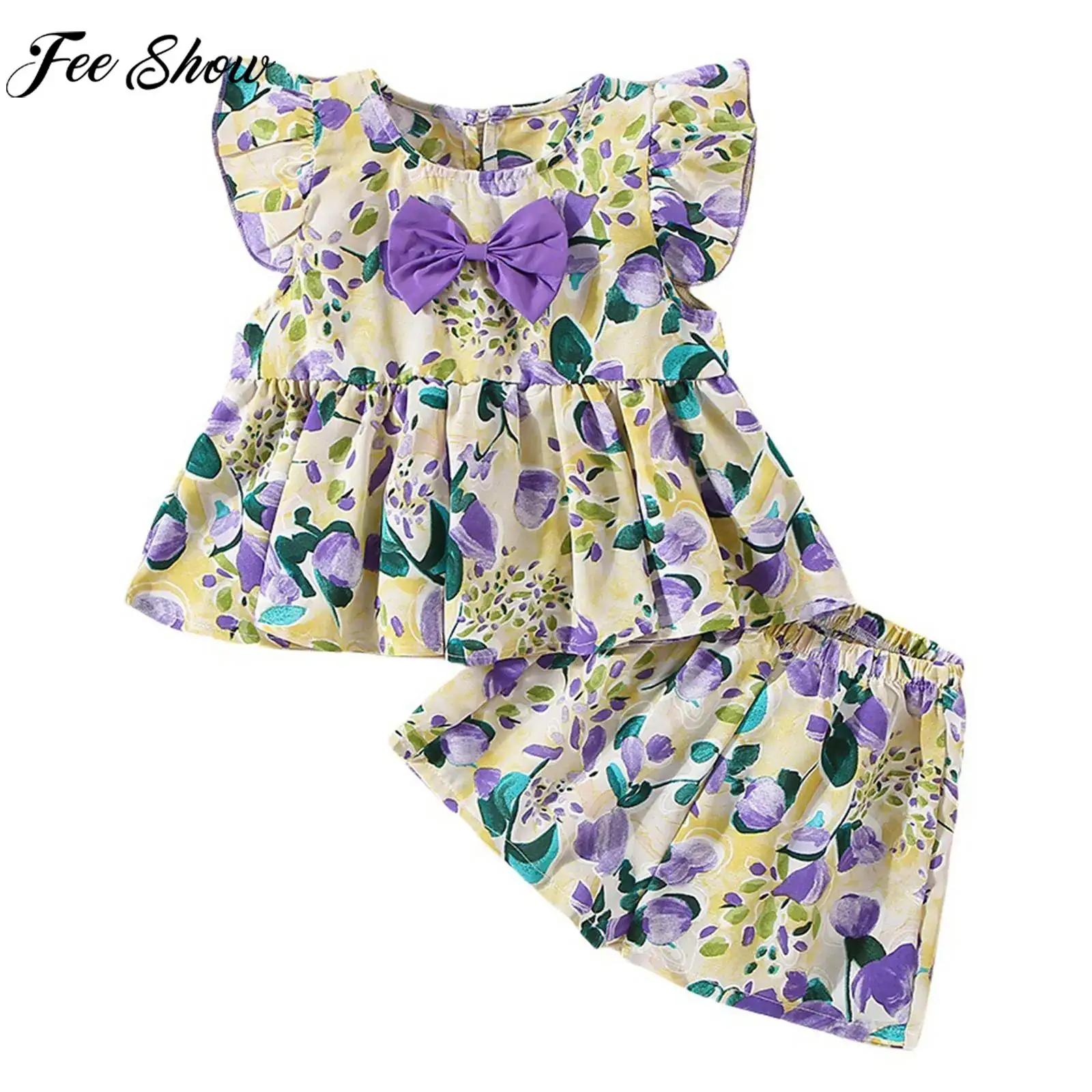 Baby Girls Summer Peach Print Outfit Bow Fly Sleeve Top with Shorts Cute Cotton Two-Piece Set Casual Daily Party Wear Homewear