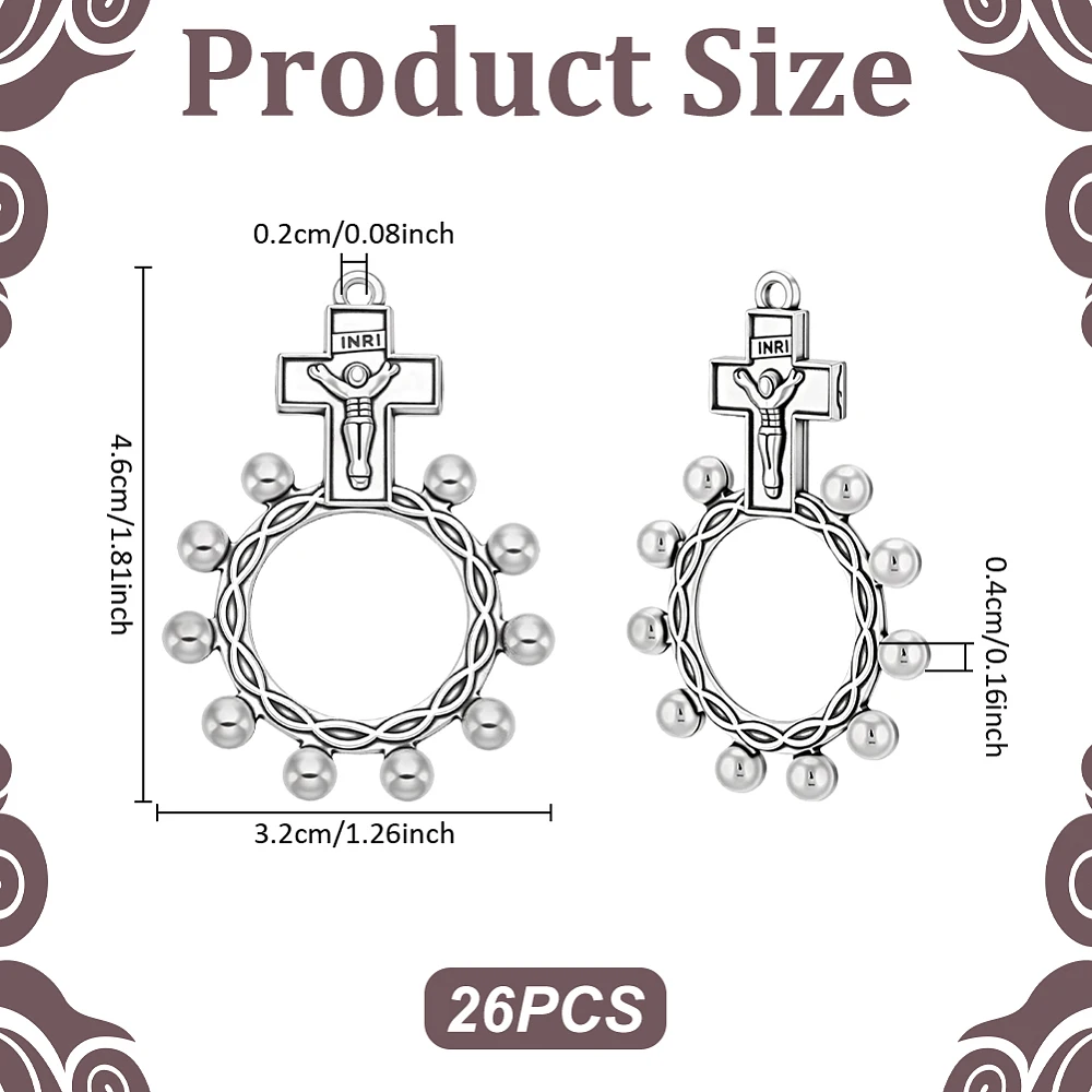 26pcs Cross Finger Rosarys Ring Vintage Crucifix Pendant With Ring Finding 2mm Hole Alloy DIY Religious Jewelry Components