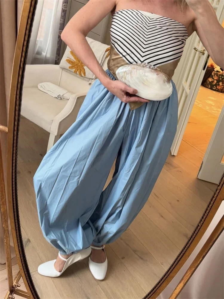 سراويل نسائية صيفية عصرية بجيوب بطيات فضفاضة عالية الخصر مرقعة بأشرطة ملابس خروج واسعة الساق للنساء
