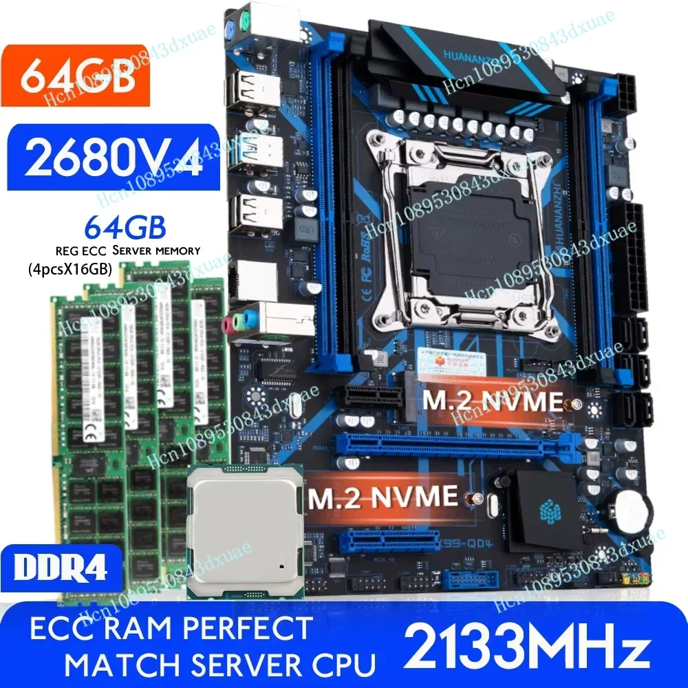 HUANANZHI X99 QD4 Motherboard with combo kit set XEON E5 2680 V4 64GB 2133MHz (4*16G) DDR4 REG ECC Memory NVME M.2 USB 3.0