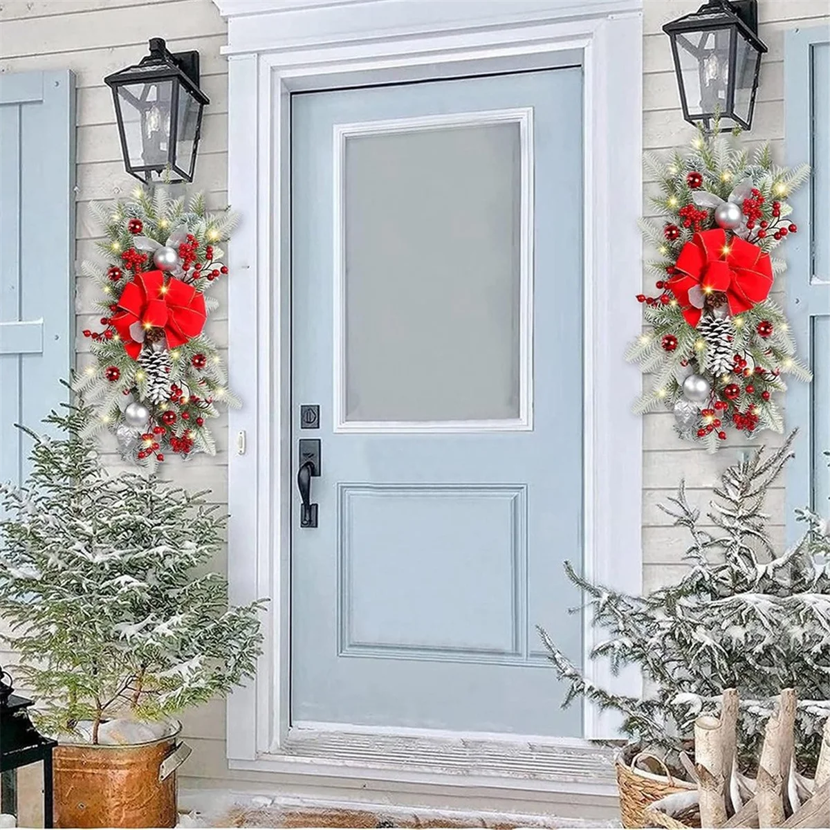 Cordless Prelit Stairway Christmas , Christmas Wreaths for Front Door, Hanging Ornaments for Indoor Outdoor Red