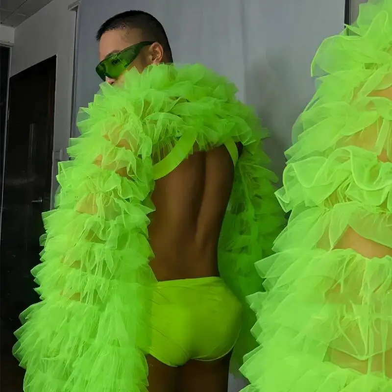 Bar Nightclub DS DJ Gogo Dancer Costume Men Fluorescent Green Fluffy Sleeves Coat Shorts Stage Sexy Pole Dance Outfit view 4