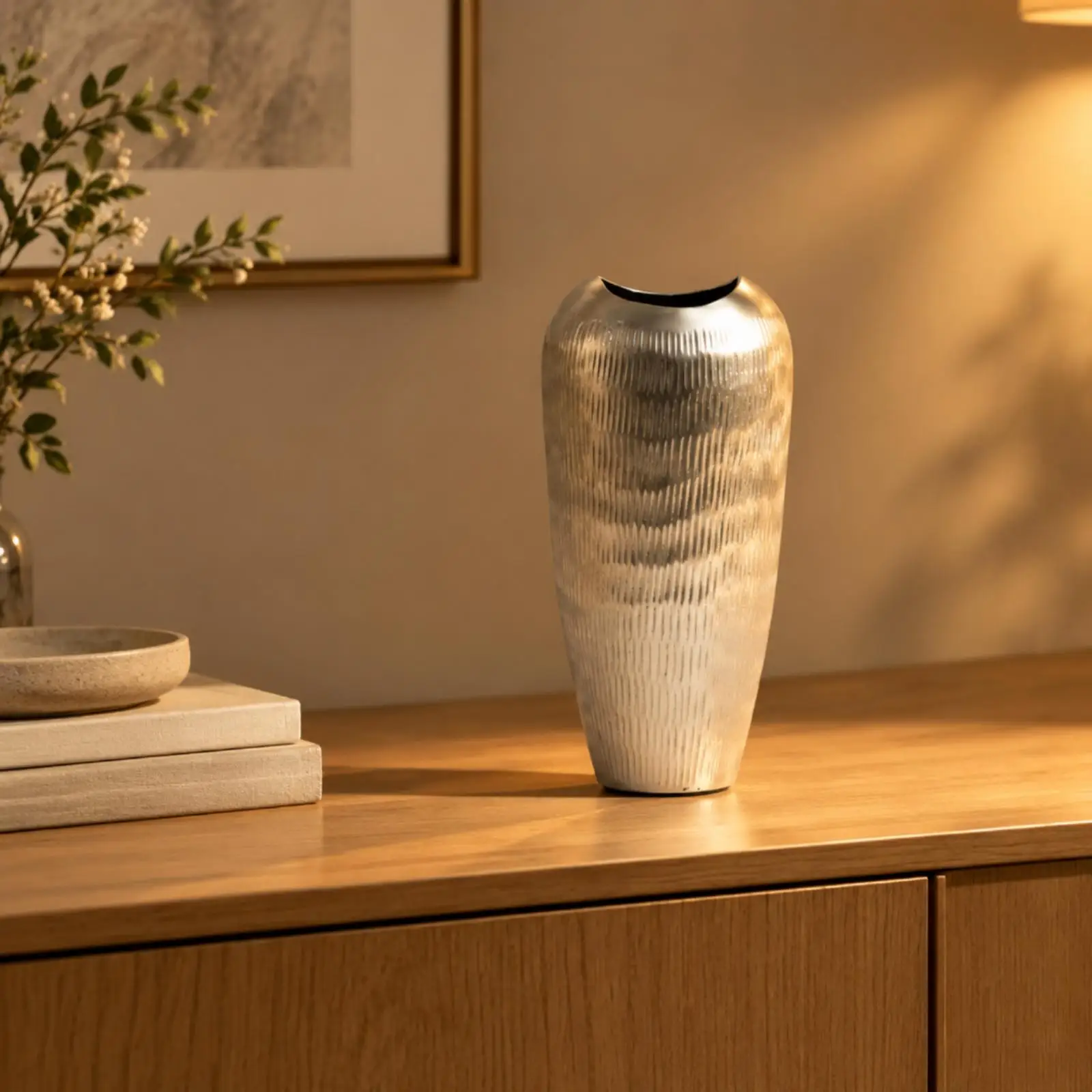 Silver Ornamental Vase Aluminum Modern Ribbed Metal Flower Vase for Living Room Table Centerpiece Home Decor
