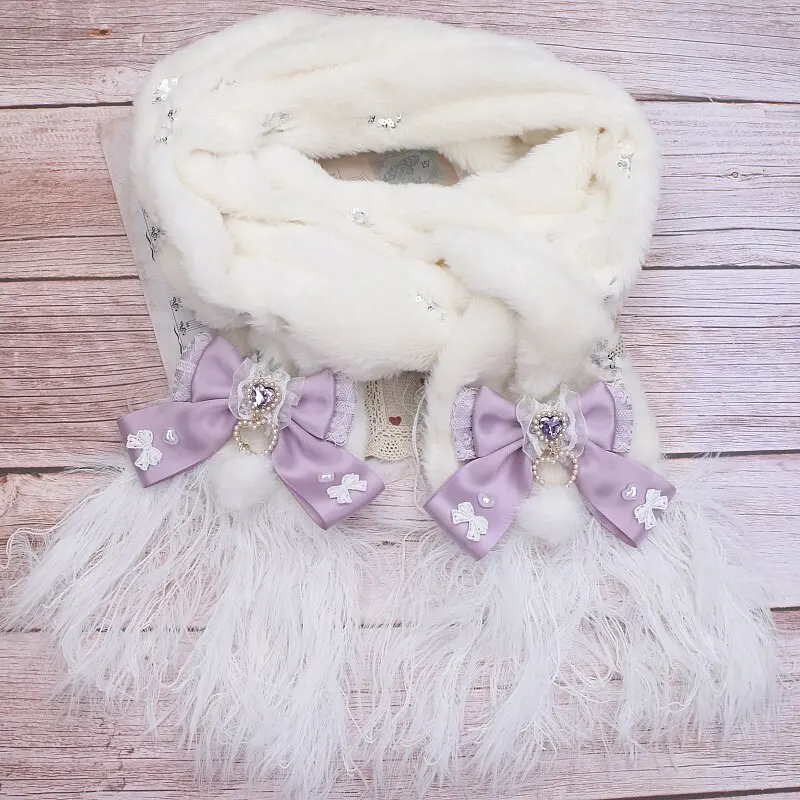 Lolita Accessories Japanese Winter Scarves Women Sweet Mass Production Bow Hairball Lace Edge Girl's Kawaii Warm Scarf Female