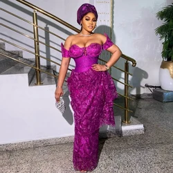 Aso Ebi Style Purple Lace Evening Dresses Nigerian Tradition Bridal Dress Wedding Party Gowns African Beaded Lace Formal Dress
