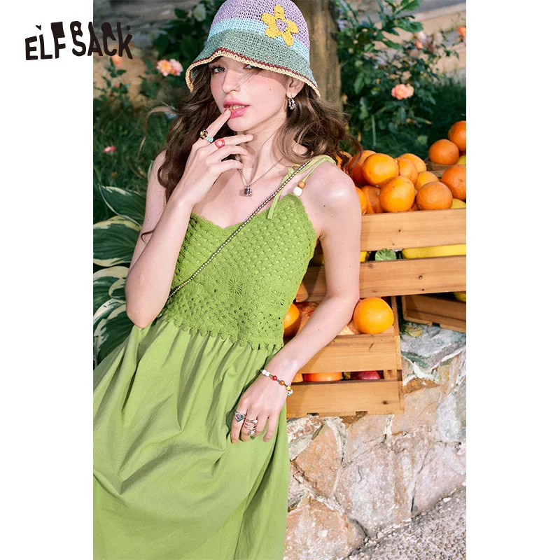 ELFSACK 2024 summer new arrival green hollow off-shoulder waist design holiday dress for women