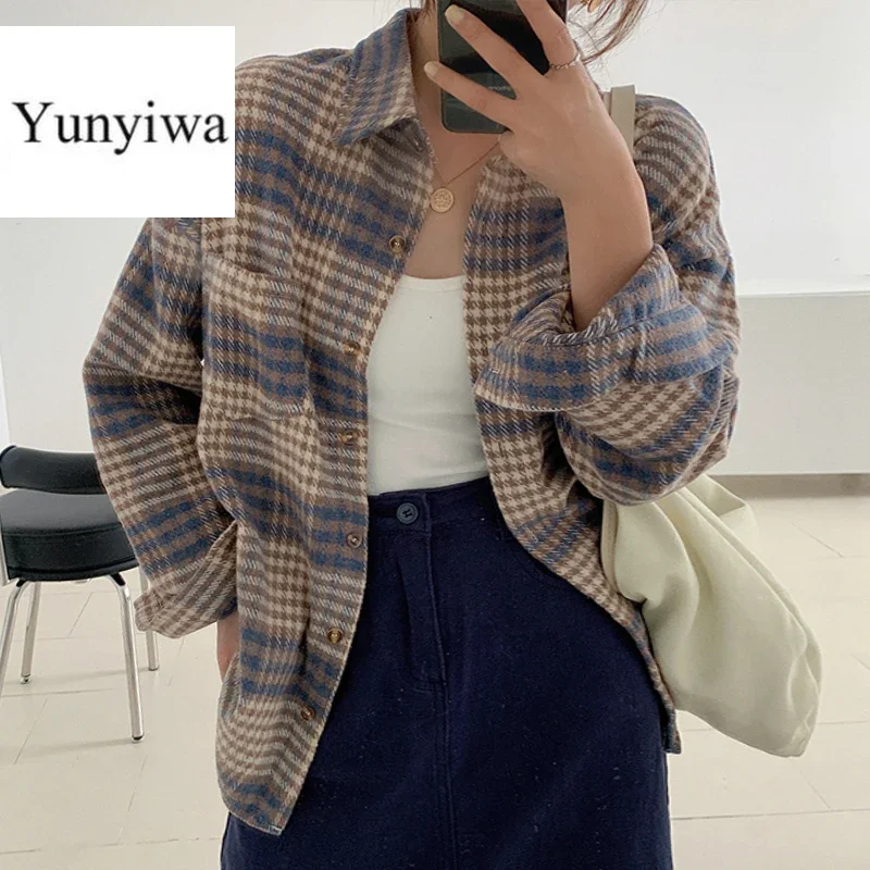 Winter Women Vintage Oversize Woolen Plaid Shirt Pockets Batwing Sleeve Turn-Down Collar Thick Blouse Autumn Casual Warm Outwear