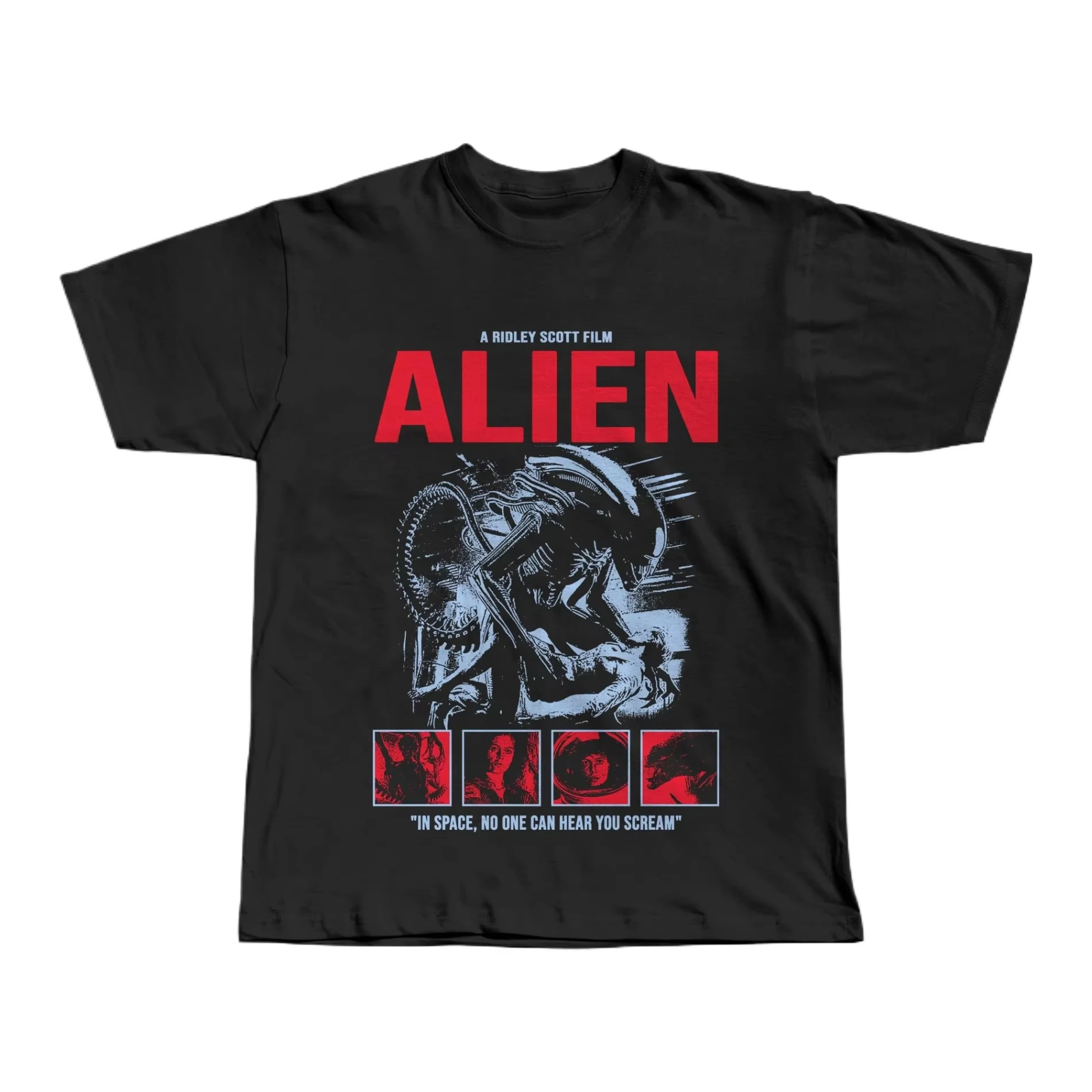 Front Print Retro Space Horror Movie Alien Creature Four Character Frame Collage Bright Red Bold Text Loose Oversized Street Top