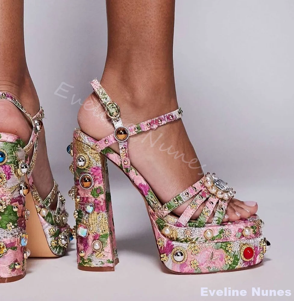 

Luxury Gemstones Embroidered Sandals Women Open Toe Hollow Chunky Heel One Word Belt Sandals New Summer Pink Shiny High Heels