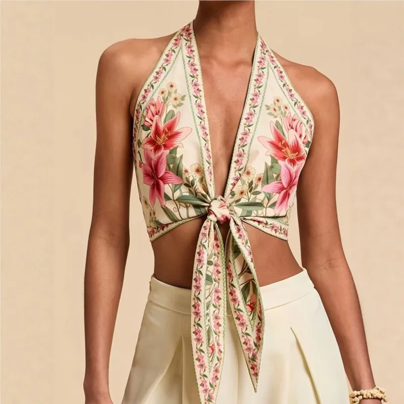 Sexy Backless Suspender Vest Knot Front Halter Crop Top for Women Summer Graphic Floral Printed Tank Top Y2K Vacation Clothes